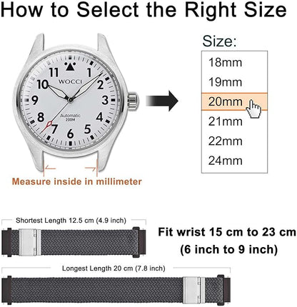 WOCCI 18mm Braided Nylon Watch Band for Men and Women, Quick Release, Silver Stainless Steel Buckle (Grey)