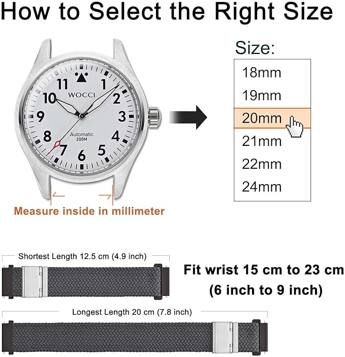 WOCCI 22mm Braided Nylon Watch Band for Men and Women, Quick Release, Silver Stainless Steel Buckle (Grey)