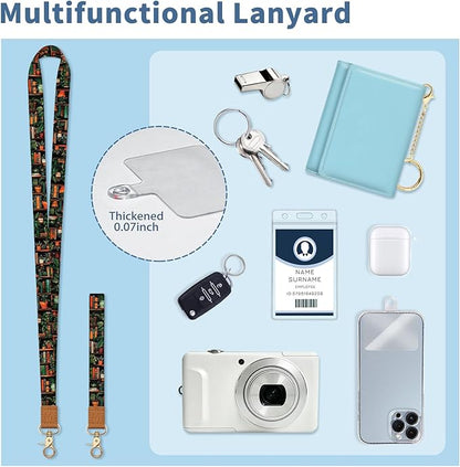 Lanyard Wallet with Id Badge Holder, Bookshelf RFID Small Keychain Wallet Women Wristlet, Cute Zipper Credit Card Holder Phone Wrist Neck Strap for Key Name Tag, Teacher Student Office Gifts