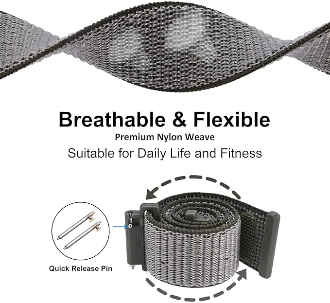 WOCCI 22mm Adjustable Nylon Watch Band, Quick Release Sport Loop Strap (Grey)
