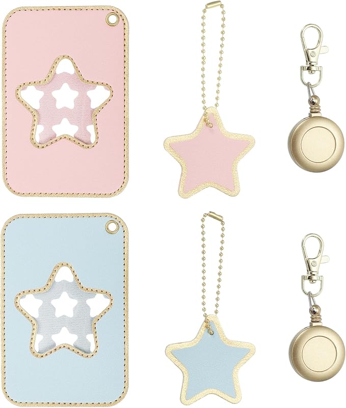 PATIKIL Retractable Badge Holders, 2 Pcs Cute Leather ID Holder with Badge Reels Keychain ID Card Clip Protector Cover for Women Work Office Business Trip, Pink/Light Blue