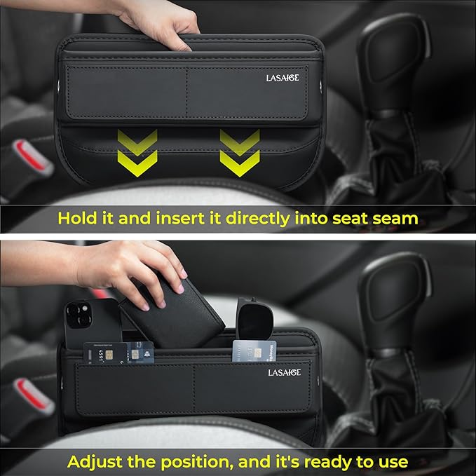 Car Seat Gap Filler Organizer (Black) -Soft PU Leather Car Seat Gap Filler Organizer - Gap Filler For Car w/ Pockets & Large Compartment - Slip-Resistant Between Seat and Center Console