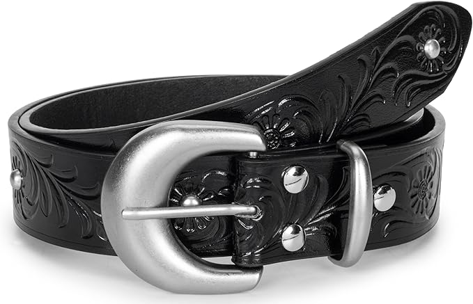 Mealah Vintage Western-Cowboy-Belt for Women Men - Carved Buckle PU Leather Waist Belts (for Waist 28"-38")