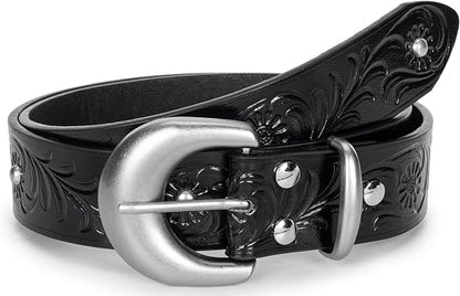 Mealah Vintage Western-Cowboy-Belt for Women Men - Carved Buckle PU Leather Waist Belts (for Waist 28"-38")