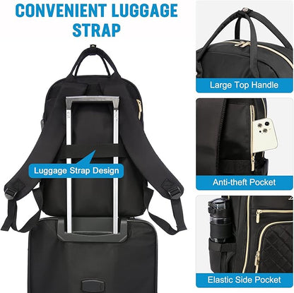 LOVEVOOK Laptop Backpack for Women, Water Resistant Travel Work Black Backpacks Purse Business Teacher Nurse Computer Bag with USB Charging Port, Fits 15.6" Laptop