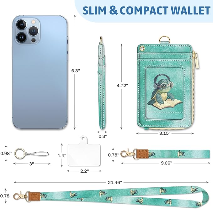 Piefly Turtle Lanyard Wallet with ID Badge Holder, Cute Small RFID Wallet Women Keychain Wristlet, Slim Credit Card Holder with Zipper Pocket Phone Lanyard Wrist Strap for Name Tag Office Teacher Gift