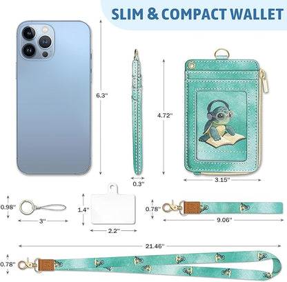 Piefly Turtle Lanyard Wallet with ID Badge Holder, Cute Small RFID Wallet Women Keychain Wristlet, Slim Credit Card Holder with Zipper Pocket Phone Lanyard Wrist Strap for Name Tag Office Teacher Gift