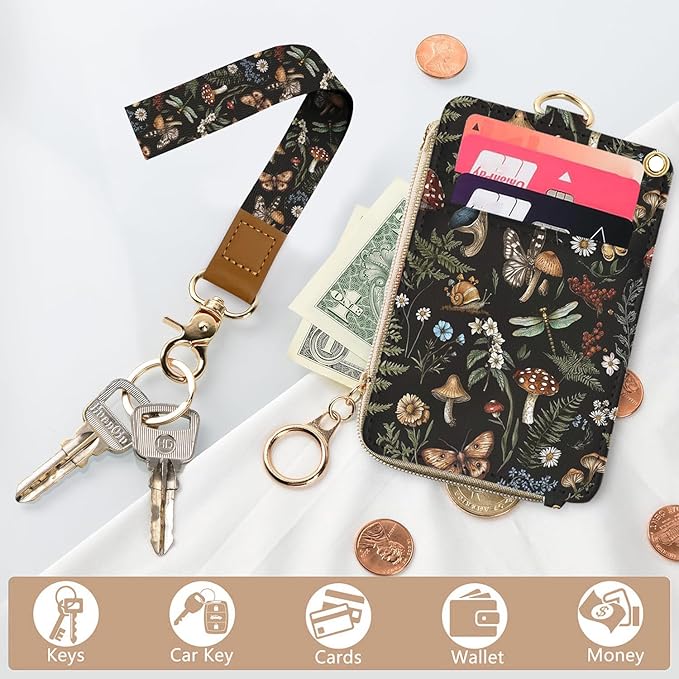 bolimoss Mushroom Lanyard for Id Badge, Cute Women Lanyard with Wallet,ID Badge Holder with Neck & Wristlet Lanyard, VintagePu Leather Zip Id Case Wallet with Removable Lanyard, Keychain Wallet