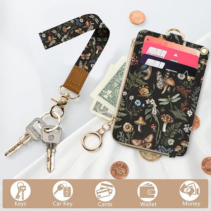 bolimoss Mushroom Lanyard for Id Badge, Cute Women Lanyard with Wallet,ID Badge Holder with Neck & Wristlet Lanyard, VintagePu Leather Zip Id Case Wallet with Removable Lanyard, Keychain Wallet