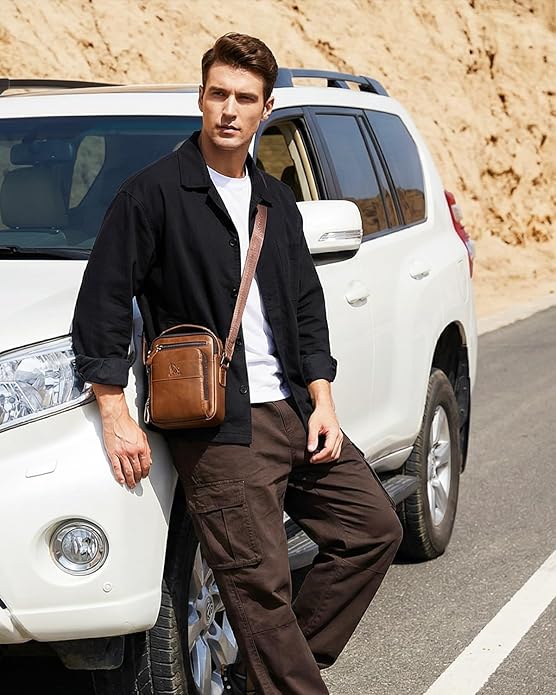 Men's Vinatge Leather Crossbody:Compact with Organized Pockets,Stylish & Functional for Everyday Carry