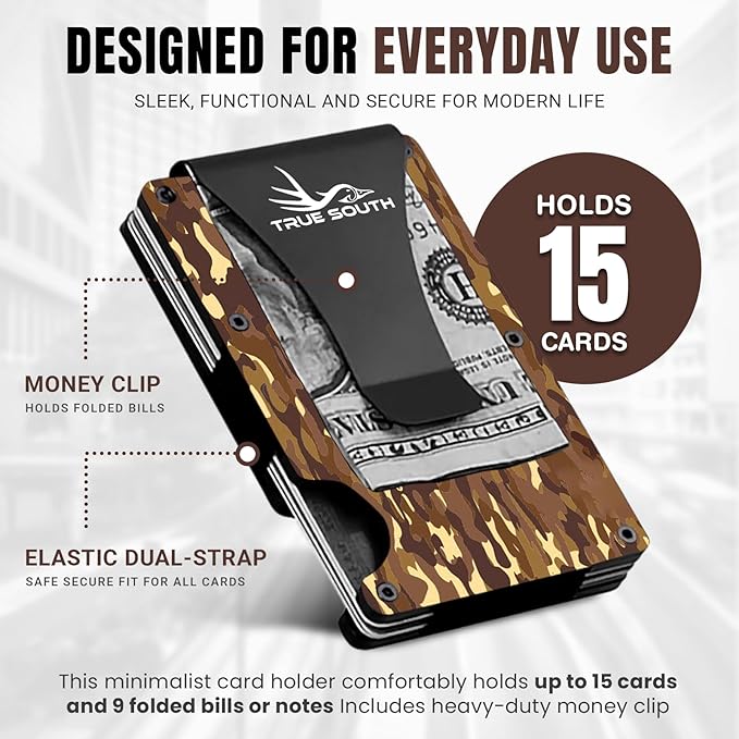 RFID Blocking Slim Metal Wallet with Money Clip | Minimalist Alumium Card Holder - Camouflage Front Pocket EDC Wallet for Men, Gift for Him (Camo, Woodland Brown Camo)
