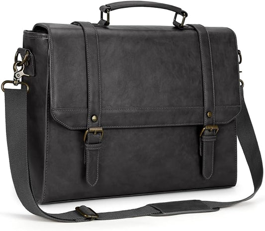 IGOLUMON Messenger Bag for Men 15.6 inch Vintage Leather Waterproof Laptop Briefcase Large Computer Laptop Bag Leather Satchel Bag Retro Shoulder Bag, Grey