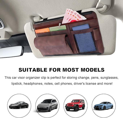 Car Sun Visor Organizer, Leather Sun Visor Pocket Organizer Case with Multi-Pocket Net Zipper, Suede Note Holder Car Visor Storage Pouch for Card Pen Sunglasses Document (Brown)