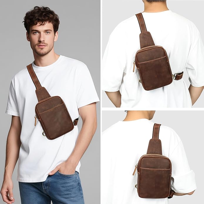 Genuine Leather Sling Bags for Men Crossbody Purse Vintage Small Messenger Shoulder Bag for Phone Side Chest Daypack Bag