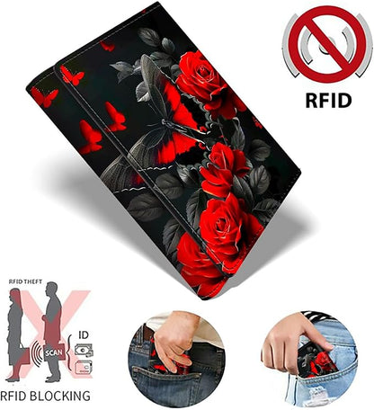 Minimalist Wallet for Men's Card Holders, Pop-Up Card Case Durable Wallets for Women, Leather Automatic Credit Card Holder with Metal Money Clip RFID Blocking Bifold Pocket, Red Rose Butterfly