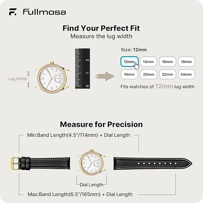 Fullmosa Watch Band, Quick Release Leather Watch Strap for Men Women, Replacement Bands Width 12mm 14mm 16mm 18mm 19mm 20mm 21mm 22mm 24mm