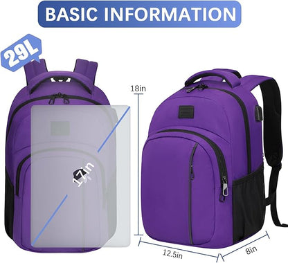 LARIPOP Carry On Backpack for Airplane, 15.6 Inch Laptop Backpack with USB Charging Port, Water Resistant Business Travel Backpack, Lightweight College School Bookbag Anti Theft for Men Women, Purple
