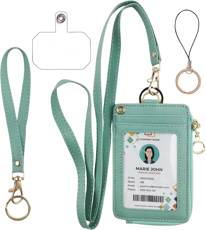bolimoss ID Badge Holder with Lanyard Wallet, PU Leather ID Badge Card Holder with 1 Clear ID Window, 4 Credit Card Slots, 1 Cash Coin Slot and Neck Lanyard,Phone Holder, Ring Key Chain (Green)