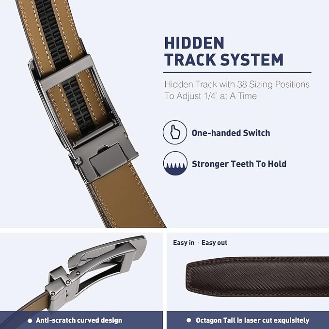 Men's Belt, Leather Ratchet Belt For Men's Dress 3.0cm,1 1/8" Size Adjusted Automatic Buckle