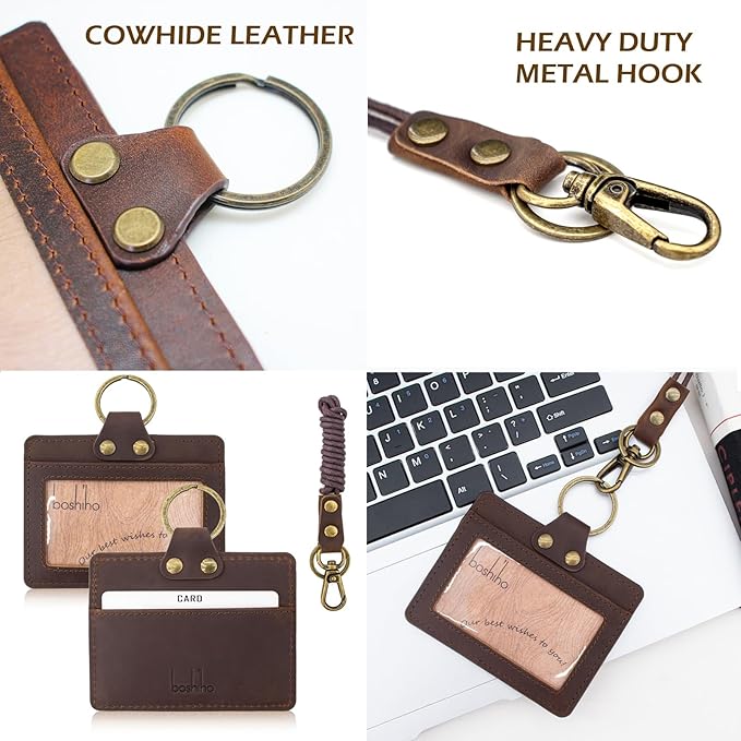 Badge Holder: Boshiho Cowhide Leather ID Badge Card Holder with 19" Neck Lanyard, Horizontal Style (Dark Brown)