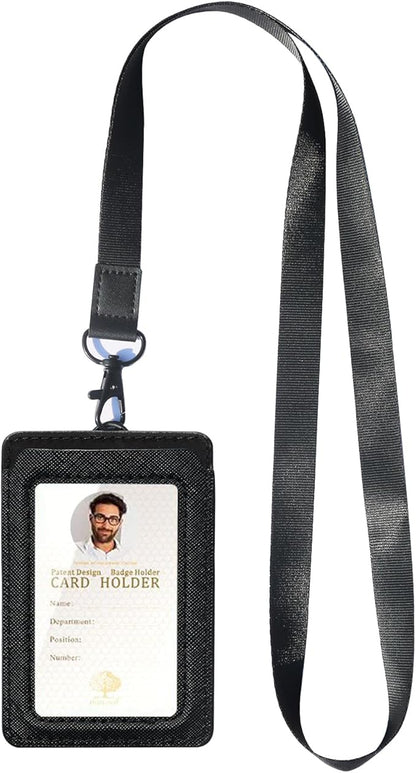 Badge Holder with Lanyard,Leather ID Card Holder,Vertical Lanyard ID Card Holder for Work Office (Black-Slim)