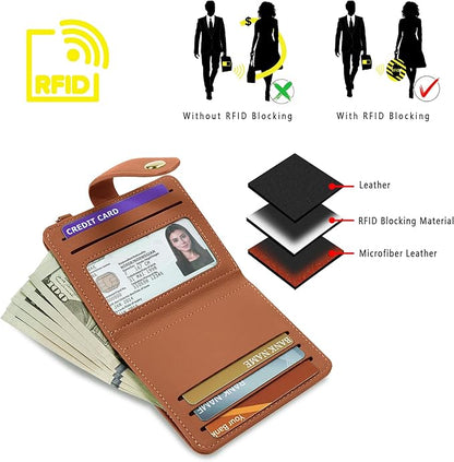 Airkit Small Wallets Woman RFID Blocking Leather Credit Card Holder - with ID Window - Card Wallets for Women - with Zipper Coin Purse - Keychain Wallet