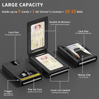 Wallet for Men Aluminum RFID Blocking-Metal Smart Pop-Up Credit Card Holder with 2 ID Windows, Holds 8-10 Cards,Bifold Security Front Pocket Wallet & Money Clip,Men's accessories (Black)