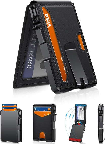 ZALVEX Wallet for Men, Mens Minimalist Wallet 9-13 Cards, Slim Compact Wallet with Money Clip & ID Window, RFID Blocking Smart Pop Up Card Wallet, Metal Aluminum Credit Card Holder Bifold Wallet