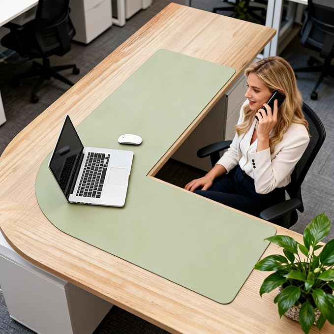 Liveinu L Shaped Gaming Desk Mat Mouse Pad, PU Leather Corner Desk Mat Blotter, Waterproof Desktop Protector for Computer Keyboard Home Office, Grey, 62.8"x24"x16"