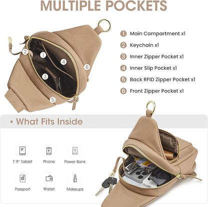 Kattee Small Sling Bag for Women, Leather Fanny Packs Crossbody Purse, Chest Bag for Travel with RFID Blocking, Tan