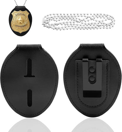 Universal PU Police Badge Holder with Neck Chain and Belt Clip, Heavy Duty Leather ID Case for Oval Shield Law Enforcement Security Badges, Neck Hanging Badge Holder for Detective, Constable