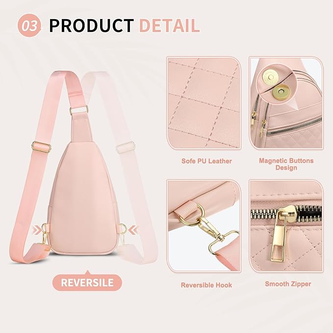Crossbody Bags for Women Men,Leather Sling Bag Cross Body Backpack for Women, Casual Chest Bag Daypack for Travel Hiking, Pink