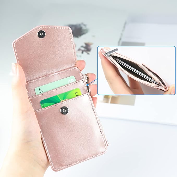 Teskyer Leather Badge Holder with Lanyard and Retractable Badge Reel, 4 Card Slots ID Card Holder with 1 Zipper Pocket for Office School Name Work IDs, Rose Gold