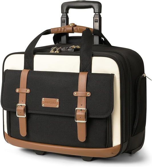 Rolling Laptop Bag for Men and Women, 16 Inch Computer Bag with Wheels Underseat Carry on Luggage, Laptop Briefcase Case for Work, Travel, College Teacher, Mobile Office Bag, Black Beige Brown