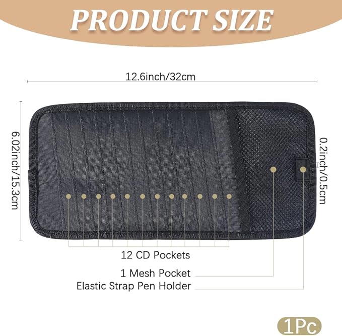 CREATCABIN Black Car CD Case Holder Vehicle Visor Storage Organizer with 12 DVD Storage Sleeves 1 Mesh Pocket 1 Pen Holder and Elastic Strap Multi-Function Sun Visor Organizer for Car 12.6x6Inch