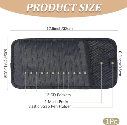 CREATCABIN Black Car CD Case Holder Vehicle Visor Storage Organizer with 12 DVD Storage Sleeves 1 Mesh Pocket 1 Pen Holder and Elastic Strap Multi-Function Sun Visor Organizer for Car 12.6x6Inch