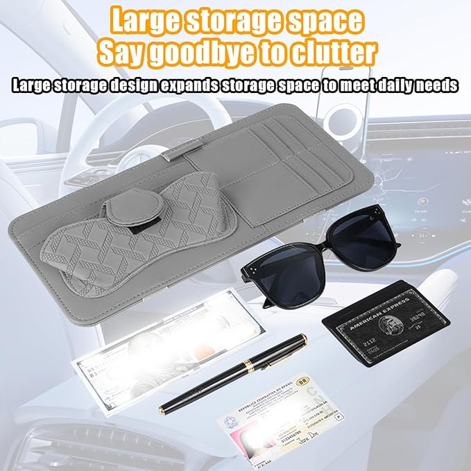 Car Sun Visor Organizer, Leather Multi Pocket Vehicle Visor Storage Pouch for Sunglasses Card License, Multifunctional Auto Interior Organization Accessories, Universal Fit (Gray)