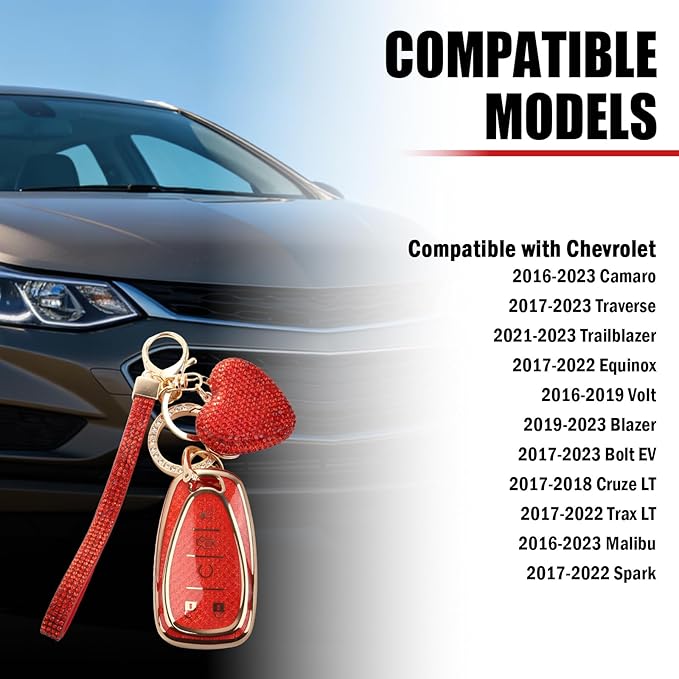 Compatible with Chevy Equinox Key Fob Covers,Stylish Car Key Cover with Bling Heart Keychain,5-Button Keys Fob Protector（Red）
