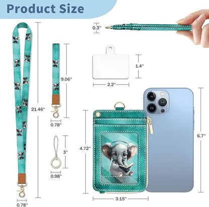 Lanyard Wallet with Id Badge Holder, Elephant RFID Small Keychain Wallet Women Wristlet, Cute Zipper Credit Card Holder Phone Wrist Neck Strap for Key Name Tag, Teacher Student Office Gifts