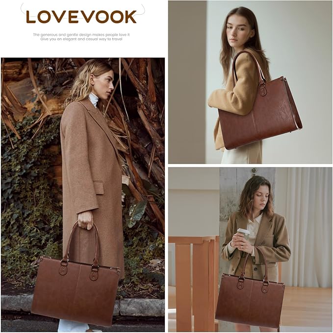 LOVEVOOK Laptop Tote Bag for Women, 15.6 Inch Large Capacity Vintage Leather Work Computer Bag, Business Casual Shoulder Handbag, Chestnut Brown