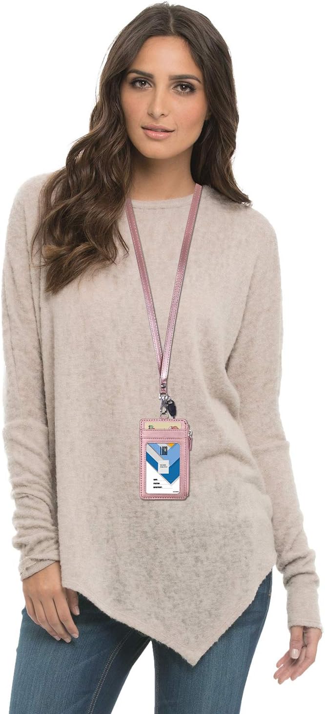 Badge Holder with Zip, Wisdompro Double Sided PU Leather ID Badge Card Holder Wallet Case with 5 Card Slots, 1 Side Zipper Pocket and 20 Inch Leather Neck Lanyard/Strap - Rose Gold (Vertical)