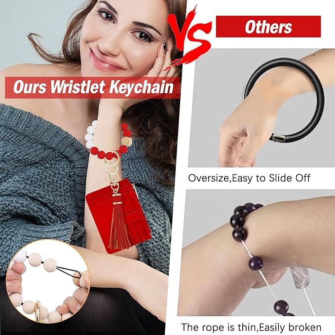KNGITRYI Wallet Keychain Wristlet for Women,Slim RFID Credit Card Holder Purse Tassel Keychain Bangle Key Ring for Men Women