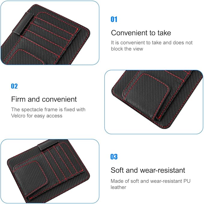 Car Sun Visor Organizer, PU Leather Vehicle Visor Document Storage Pocket for Sunglass Card Pen, Multifunctional Automotive Interior Holder Accessories, Universal Fit (Carbon Black/Red)
