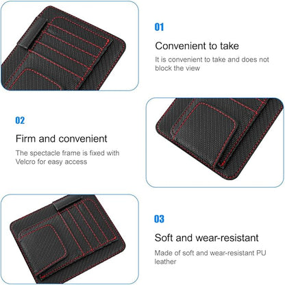 Car Sun Visor Organizer, PU Leather Vehicle Visor Document Storage Pocket for Sunglass Card Pen, Multifunctional Automotive Interior Holder Accessories, Universal Fit (Carbon Black/Red)