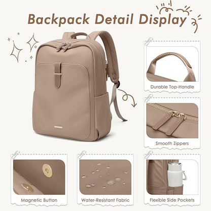 Laptop Backpack for Women,Casual Work Business Backpacks Purse Carry on Travel Backpack,14 Inch,Champagne Brown