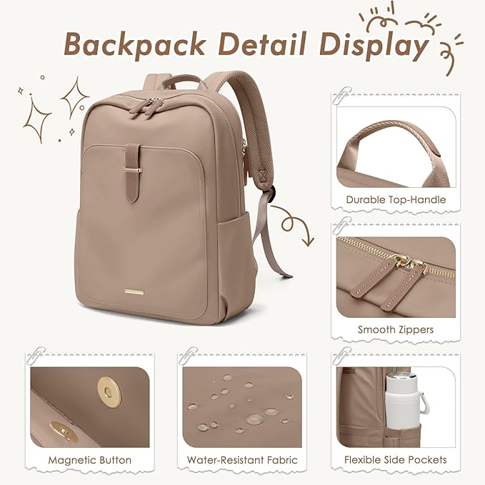 Laptop Backpack for Women,Casual Work Business Backpacks Purse Carry on Travel Backpack,17.3 Inch,Champagne Brown