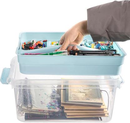 Yesland Stack & Carry Box with Removable Tray, 16 x 11 x 6.5 Inch Plastic Art Supply Storage Organizer Craft Storage Containers with Handle, Portable Organizer Bin for Stationery Sewing Jewelry, Blue