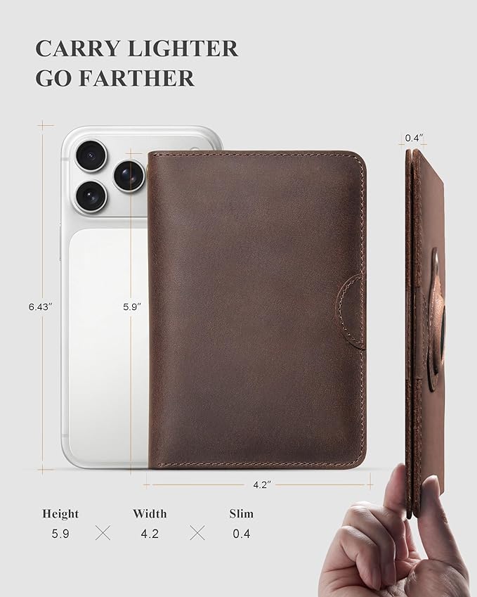 RFID Blocking Leather Passport Holder for Travel with AirTag Slot, Slim Passport Cover Travel Wallet for Women Men, Travel Must Haves Gifts (Dark Brown)
