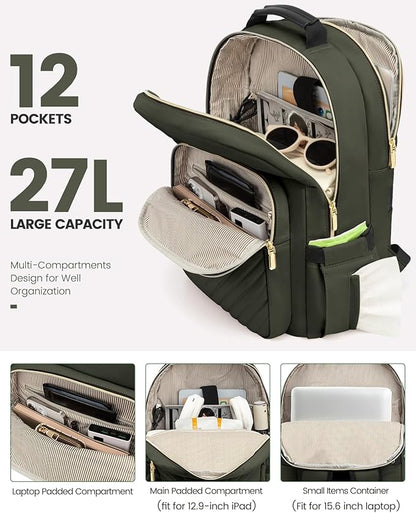 LOVEVOOK Laptop Backpack Purse for Women, Work Business Travel Computer Bags, College Nurse Backpack for Womens, Quilted Casual Daypack with USB Port, Fit 15.6 Inch Laptop, Army Green