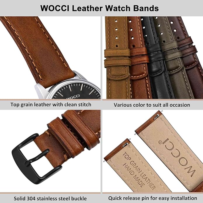 WOCCI Quick Release Watch Band, Distressed Genuine Leather, Stainless Steel Buckle, Strap Width 18mm 19mm 20mm 22mm 24mm